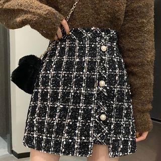 Faux Pearl Plaid Tweed Mini A-line Skirt