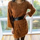 Round-neck Furry-knit Dress With Belt