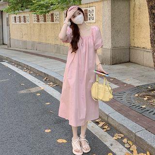 Puff-sleeve Square-neck Midi A-line Dress Light Pink - One Size