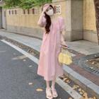 Puff-sleeve Square-neck Midi A-line Dress Light Pink - One Size