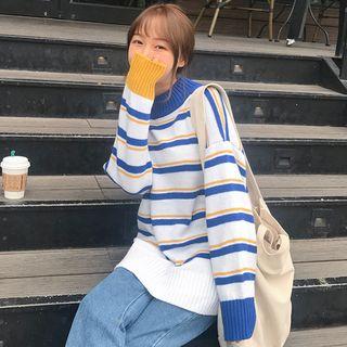 Mock-neck Striped Long Sweater