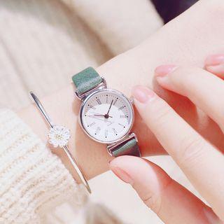 Set: Retro Strap Watch + Floral Print Bracelet + Daisy Bangle