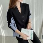 Inset Striped-shirt Dip-back Boxy Cardigan