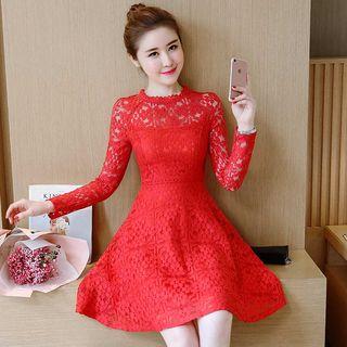 Long-sleeve Lace-yoke A-line Dress