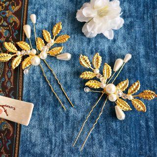Beaded Leaf Hair Pin 1pc - Yellow & White - One Size