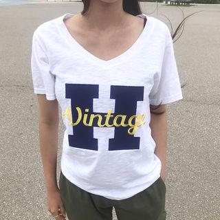 V-neck Letter-embroidered T-shirt