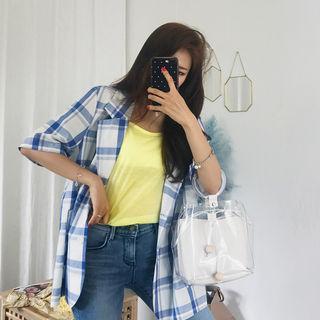 Short-sleeve Plaid Cotton Blazer