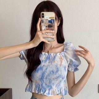 Off-shoulder Ruffle Trim Tie Dye Crop Top