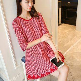 Elbow-sleeve Contrast-trim Plaid Knit Dress