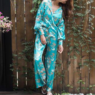 Loungewear Set: Long-sleeve Floral Print Top + Pants Bluish Green - One Size