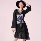 Lace Panel Printed Long-sleeve A-line Dress