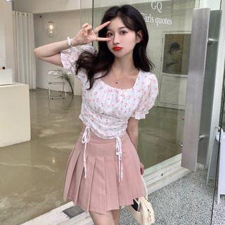 Puff-sleeve Floral Print Cropped Top + Pleated Mini Skirt
