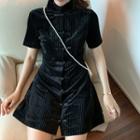 Corduroy Short-sleeve Mini Qipao Dress Black - One Size