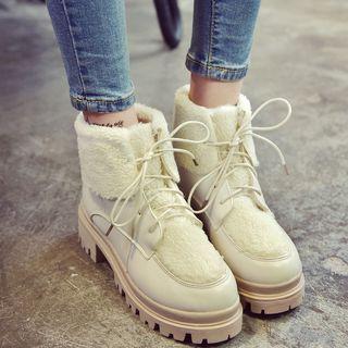 Fleece Panel Block Heel Lace-up Short Boots