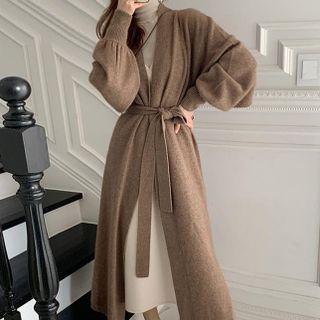 Lantern-sleeve Tie-waist Midi Cardigan