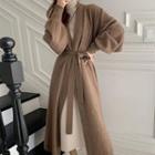 Lantern-sleeve Tie-waist Midi Cardigan