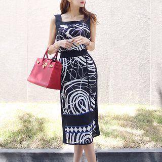 Set: Sleeveless Printed Top + Midi Fitted Skirt