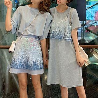 Glitter Elbow-sleeve T-shirt / Short-sleeve T-shirt Dress / Sequined Camisole Top / Mini A-line Skirt / Set