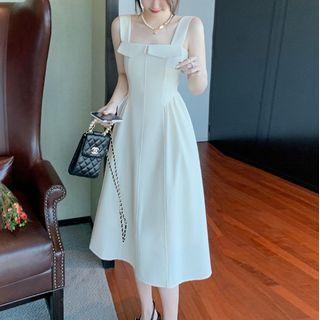 Sleeveless Square Neck Plain Midi A-line Dress