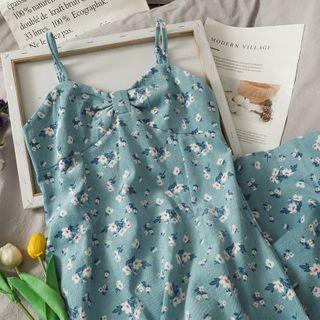 Printed Floral Bow Dress Blue - One Size