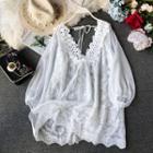 Lantern-sleeve Mini Lace Dress White - One Size