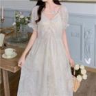 Puff-sleeve V-neck Flower Maxi Dress White - One Size
