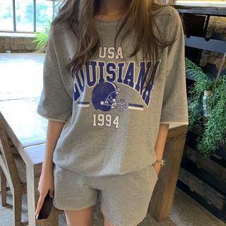 Lettered T-shirt & Sweatshorts Set Gray - One Size