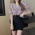 Puff-sleeve Ruched Blouse / Ruched Mini Pencil Skirt