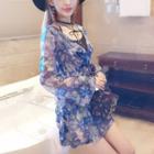 Set: Butterfly Print V-neck Chiffon Dress + Slipdress