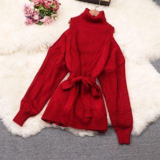 Turtleneck Cold Shoulder Sweater With Sash