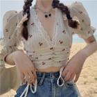 Short-sleeve Cherry Embroidered Cropped Blouse