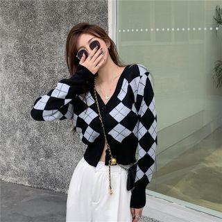 Argyle Cropped Cardigan Argyle - Black & Gray - One Size