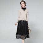 Long Sleeve Mock Two Pieces Lace Panel Knit Dress