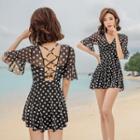 Short-sleeve Strappy Back Dotted Swimdress