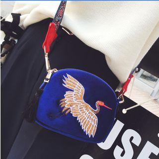 Crane Embroidered Velvet Crossbody Bag