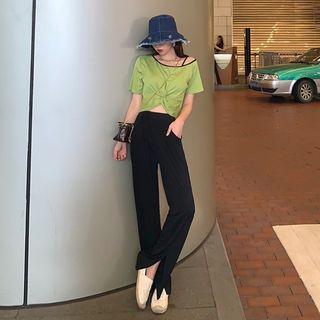 Short-sleeve Cropped T-shirt/ High-waist Wide-leg Pants