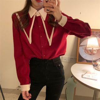 Long-sleeve Contrast Trim Corduroy Blouse