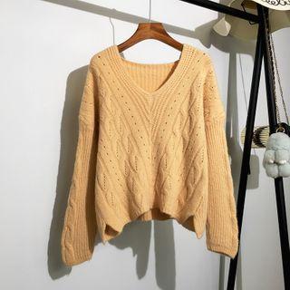 V-neck Slit Cable Knit Top