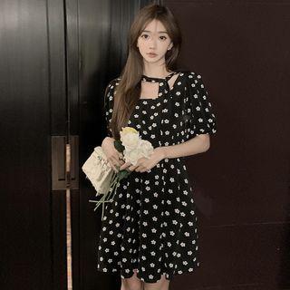 Puff Sleeve Square Neck Flower Print A-line Dress