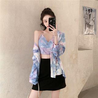 Set: Tie Dye Shirt + Spaghetti Strap Top Purplish Blue - One Size