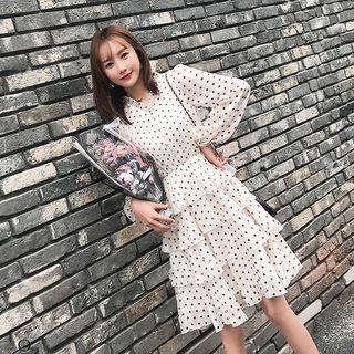 Lantern-sleeve Dotted A-line Layer Dress