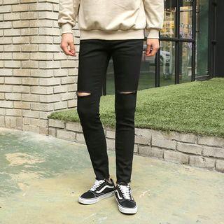 Slit-trim Fray-hem Slim-fit Pants