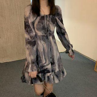 Long-sleeve Print Mini A-line Dress Gray - One Size