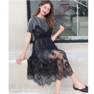 Set : Glitter Short-sleeve T-shirt Dress + Lace Spaghetti Strap Dress