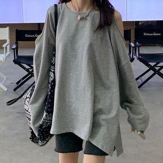 Long-sleeve Cold Shoulder Slit-hem T-shirt