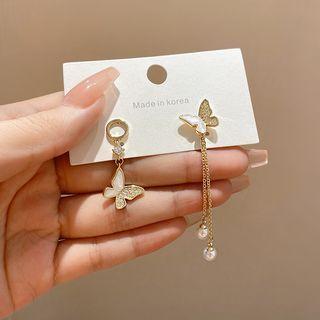 Butterfly Faux Pearl Rhinestone Asymmetrical Alloy Fringed Earring 1 Pair - Gold - One Size