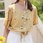 Short-sleeve Square-neck Buttoned Top
