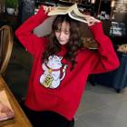 Long-sleeve Cat Printed Knit Top