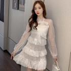 Long-sleeve Tiered Mesh Mini Dress