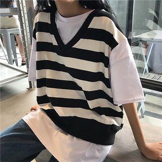 Elbow-sleeve Striped Mock Two-piece T-shirt